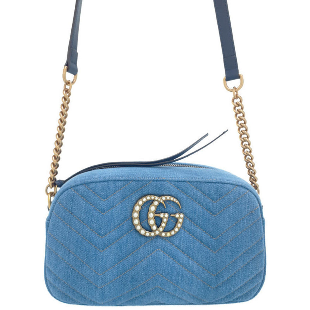 Gucci GG Marmont Denim Small Shoulder Bag Chain Light Blue